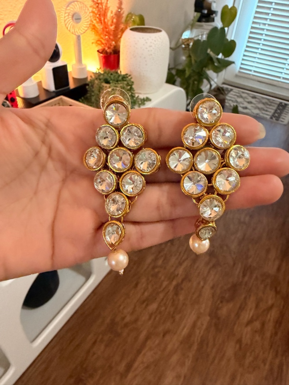 Gold Crystal Cluster Drop Earrings with Pearl Accent